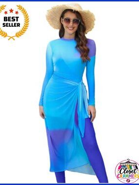 Women's Modest Muslim Swimwear 4PC Burkini Set Tie Dye Rash Guard Pants Sarong